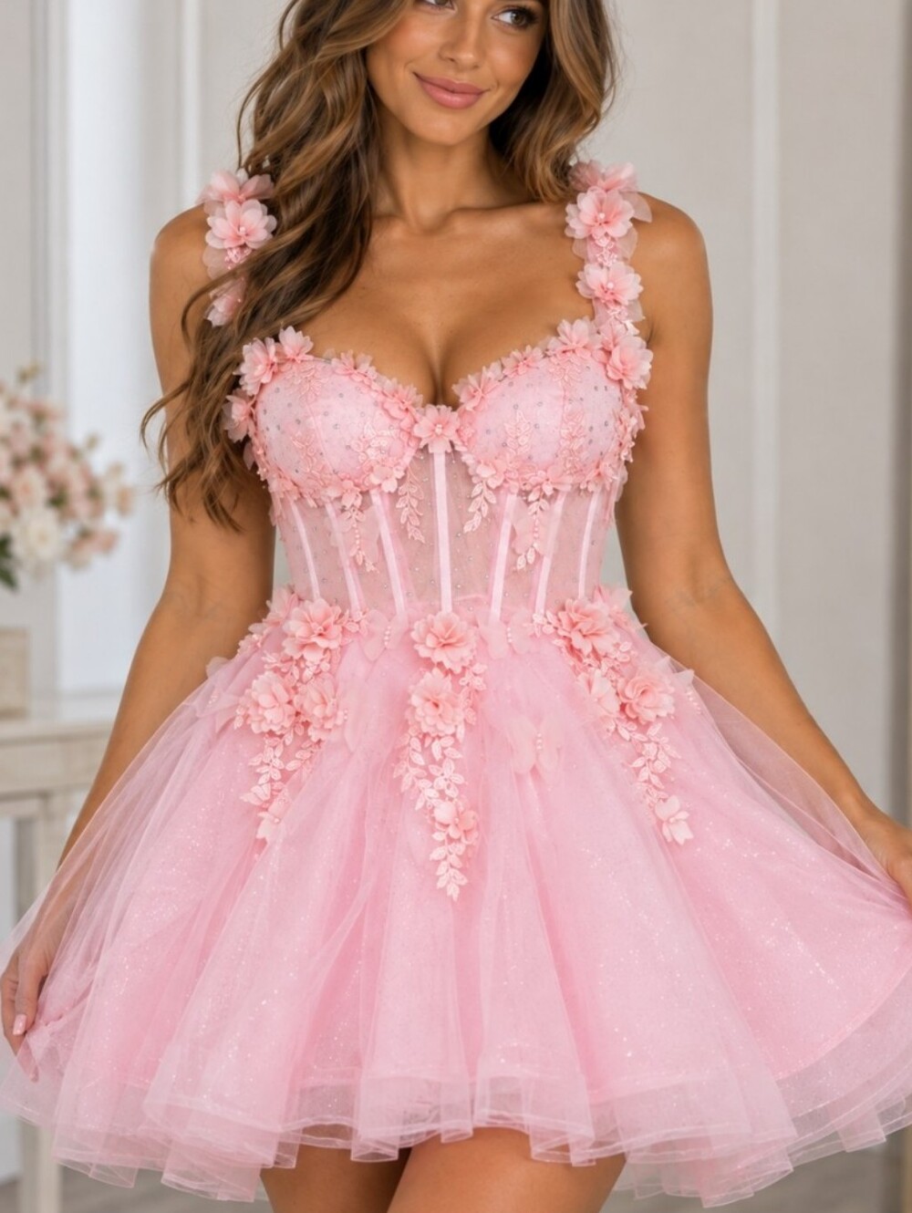 NWT FAIRY Butterfly Pink 3D Floral Corset Tulle Mini Dress Prom Homecoming 16 XL